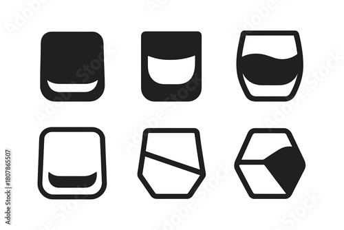 Whiskey Logo Variations. Alcohol. Icon set. Set Logo of alcohol: whiskey tumbler. harmonious logo variations of the same emblematic concept, each