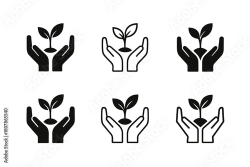 Sustainable Icons Collection. Corporate sustainability goals. Icon set. Set Logo of Corporate Sustainability Goals: hands protecting a small plant. harmonious
