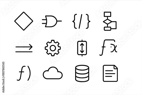 System Logic Icons. System logic. Line icon set of system logic: decision diamond, logic gate, code brackets, flowchart, input, output, gear, data arrow,