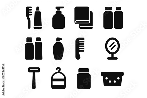 Bathroom Essentials Icons. Bathroom essentials. Line icon set of bathroom essentials: towel, soap bar, toothbrush, toothpaste, shampoo bottle, shower head,