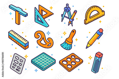 Colorful Drafting Supplies Icons. Drafting supplies. Colorful isometric vector icons set of Drafting supplies: t-square, triangle set, compass, protractor,