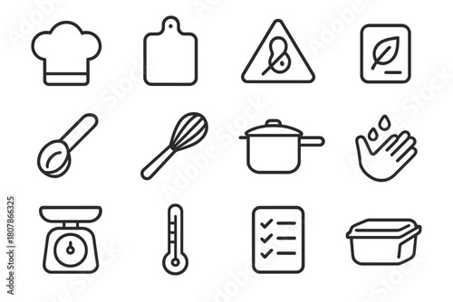 Food Allergy Icon Set. Cooking for food allergies and intolerances. Line icon set of cooking for food allergies and intolerances: chef hat, cutting board,