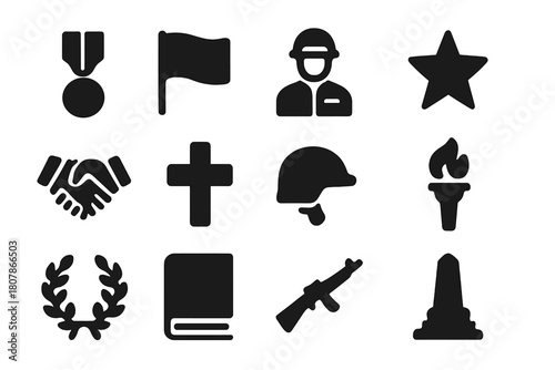 War Heroes Icons. War heroes. Solid icon set of war heroes: medal, flag, soldier, star, handshake, cross, helmet, torch, wreath, book, rifle, monument. Filled