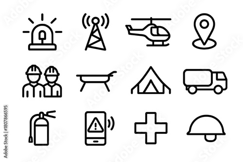Disaster Response Icons. Disaster response. Line icon set of disaster response: siren, radio tower, helicopter, map pin, rescue team, stretcher, tent, water