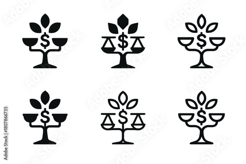 Financial Balance Logos. balance in financial investments. Icon set. Set Logo of balance in financial investments: tree symbolizing stable growth. harmonious