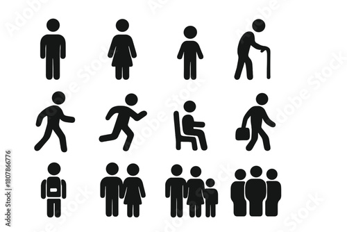 Black Silhouette Icons. Individuals. Solid icon set of Individuals: man, woman, child, elderly person, person walking, person running, person sitting, person