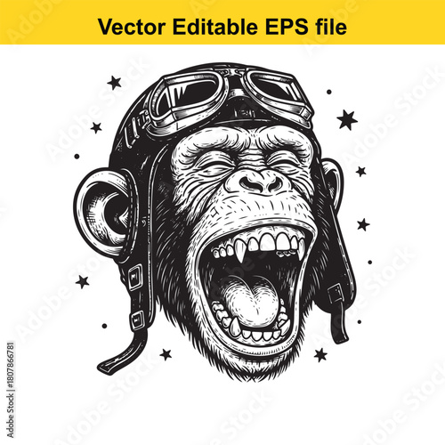 A captivating vector illustration of a monkey wearing a pilot helmet, its mouth wide open in a roar, isolated on