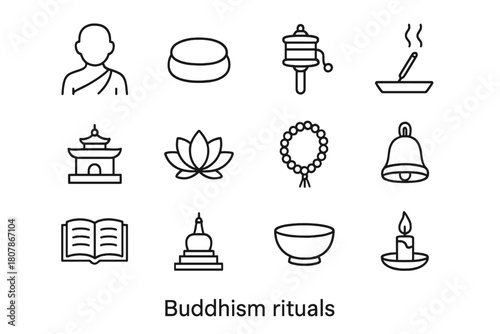 Buddhism Ritual Icons. Buddhism rituals. Line icon set of Buddhism rituals: monk, meditation cushion, prayer wheel, incense, temple, lotus flower, mala beads,