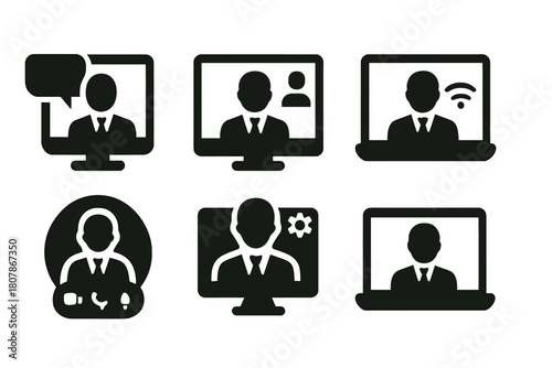 Remote Leadership Icons. Leadership in the digital transformation of businesses. Icon set. Set Logo of Remote Leadership: Manager at video call. Negative