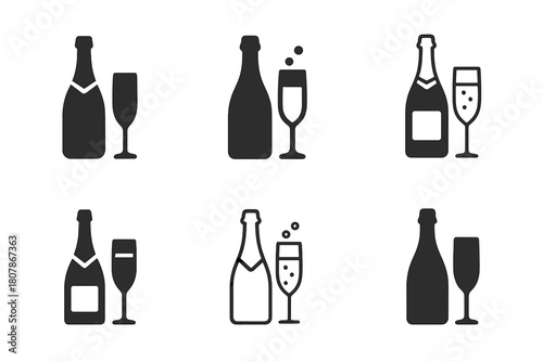 Alcoholic Beverage Icons. Alcoholic Beverages. Icon set. Set Logo of Alcoholic Drinks: champagne bottle and flute. harmonious logo variations of the same