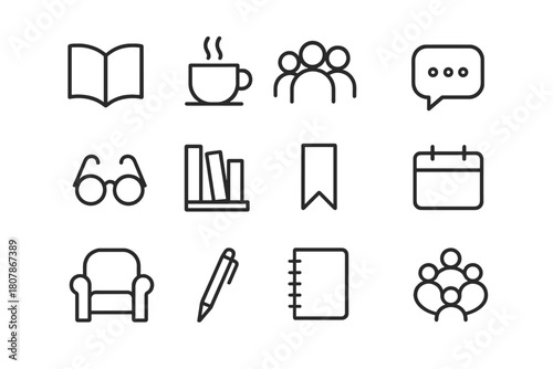 Book Club Icons. Book Club. Line icon set of Book Club: open book, coffee cup, group of people, chat bubble, reading glasses, bookshelf, bookmark, calendar,