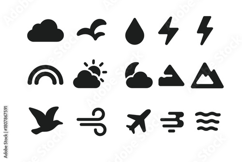 Nature and Clouds Icons. Nature and Clouds. Solid icon set of Nature and Clouds: cumulus cloud, cirrus cloud, rain droplet, lightning, rainbow arc, sun behind