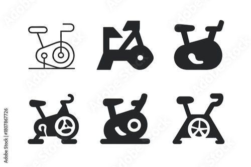 Exercise Bike Logos. exercise bike. Icon set. Set Logo of exercise bike: digital fitness bike with screen. harmonious logo variations of the same emblematic