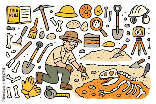 Colorful Excavation Tools. Scientific excavation. Hand-drawn doodle illustration paleontologist (colored), dinosaur skeleton (colored), fossils (colored),