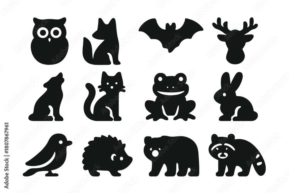 Obraz premium Twilight Animal Icons. Twilight Animals. Solid icon set of Twilight Animals: owl, fox, bat, deer, wolf, cat, frog, rabbit, bird, hedgehog, bear, raccoon.