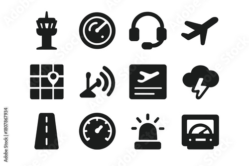 Air Traffic Icons. Air traffic. Solid icon set of Air traffic: airplane, control tower, radar screen, flight path, cloud, airport runway, pilot headset, map