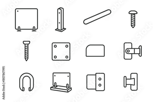 Glass Fence Icons. Glass fence. Line icon set of glass fence: glass panel, post, handrail, bolt, screw, base plate, end cap, deck, wall bracket, safety clip,