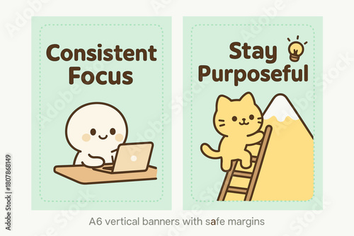 Consistent Focus Banners. Consistent focus. Two vertical A6 banners with safe margins, centered composition, no elements touching edges, kawaii, pastel mint