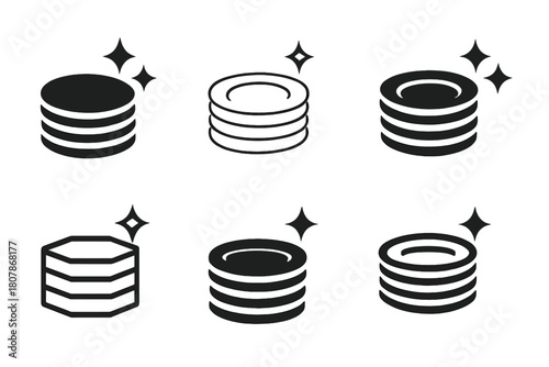 Stacked Plate Logos. Stacking clean plates. Icon set. Set Logo of stacking clean plates: dish tower perspective. harmonious logo variations of the same