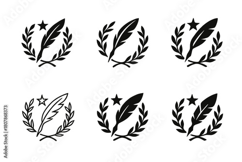 Poetic Expression Logos. Poetic expression. Icon set. Set Logo of poetic expression: laurel wreath encircling a quill and star. harmonious logo variations of