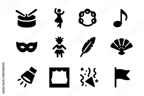 Music and Dance Icons. Music and dance. Solid icon set of Music and dance: drum, dancer, tambourine, music note, mask, costume, feather, fan, spotlight, stage,