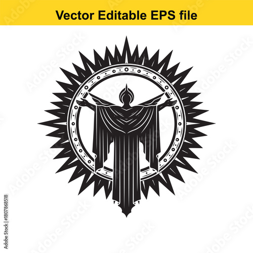 A black and white vector illustration of a robed figure with outstretched arms inside a circle with a sunburst pattern isolated on
