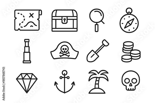Treasure Hunt Icons. Searching for hidden treasure. Line icon set of searching for hidden treasure: treasure chest, map, magnifying glass, compass, pirate hat,