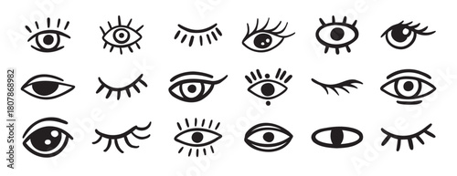 eyes and lashes doodle hand drawn icon set. Outline drawing line clipart symbol collection