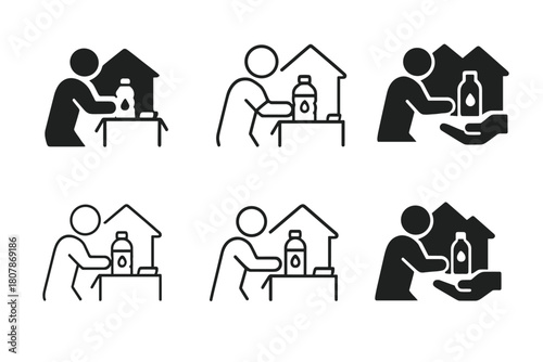 Volunteer Aid Logos. Volunteers distributing food and supplies in disaster areas. Icon set. Set Logo of Volunteers distributing food and supplies in disaster