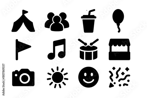 Street Festival Icons. Street festival. Solid icon set of street festival: tent, crowd, drink cup, balloon, flag, music note, drum, food stall, camera, sun,