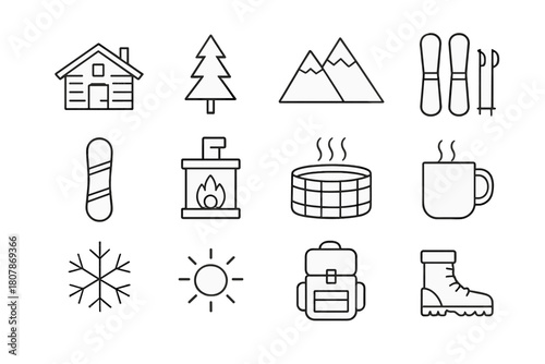 Mountain Resort Icons. Mountain Resort. Line icon set of Mountain Resort: cabin, pine tree, mountain, ski, snowboard, fireplace, hot tub, mug, snowflake, sun,