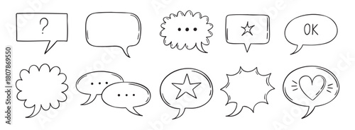 Outline comic speech bubbles set. Dialogue, doodle chat communication, discussion element. Message frame symbol drawing