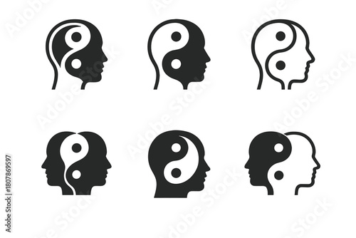 Mind Duality Icons. Duality of mind. Icon set. Set Logo of Duality of mind: Yin-yang human head. harmonious logo variations of the same emblematic concept,