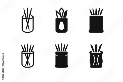 Toothpick Holder Logos. Toothpick Holder. Icon set. Set Logo of Toothpick Holder: glass jar with wooden lid. harmonious logo variations of the same emblematic