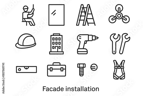 Facade Installation Icons. Facade Installation. Line icon set of Facade Installation: worker on rope, glass panel, ladder, suction lifter, safety helmet,