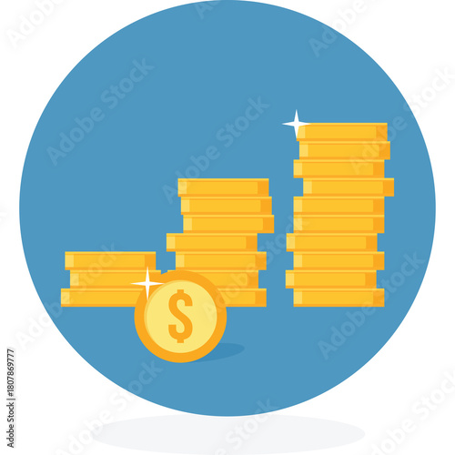 Photos Golden coins stacked in increasing piles and one coin in front against a blue ci