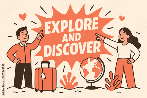 Exploration Adventure Banner. Explore and discover banner, flat vector illustration, bold oversized text inside splash explosion, cartoon characters standing
