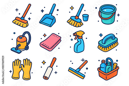 Colorful Cleaning Icons. Household cleaning tools. Colorful isometric vector icons set of Household cleaning tools: broom, dustpan, mop, bucket, vacuum