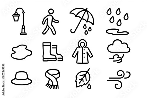 Rainy Walk Icons. Rainy walk. Solid icon set of rainy walk: couple, umbrella, raindrop, boot, cloud, heart, coat, tree, streetlight, leaf, puddle, bag. Filled