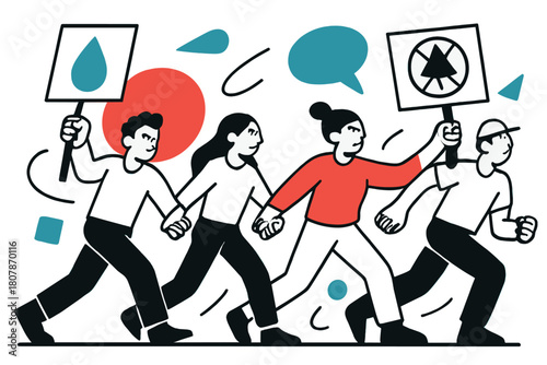 Geometric Environmental Activism. Environmental Protests. Protesters forming a human chain with floating abstract geometric shapes and green accents, strong