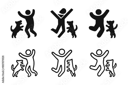 Joyful Pet Silhouettes. joyful pets playing with their owners. Icon set. Set Logo of joyful pets playing with their owners: owner and pet silhouettes jumping