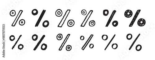 Percentage sign doodle hand drawn icon set. Outline drawing Percentage line clipart symbol collection