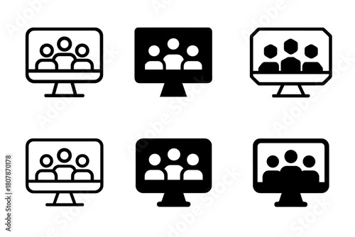 Virtual Event Icons. Virtual events. Icon set. Set Logo of virtual events: online audience icons. harmonious logo variations of the same emblematic concept,
