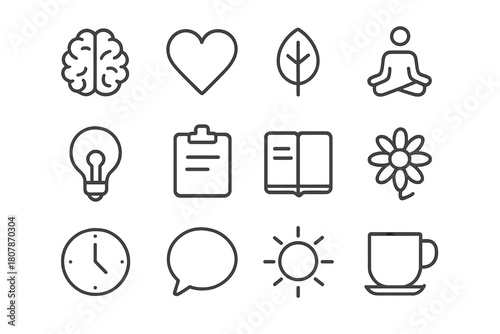Mental Wellness Icons. Mental wellness. Icon set. Set Logo of Mental wellness: Relaxing cup of tea. harmonious logo variations of the same emblematic concept