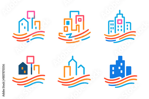 Vibrant City Logos. Vibrant city life. Icon set. Set Logo of vibrant city life: glowing neon signs and dynamic light trails. harmonious logo variations of the