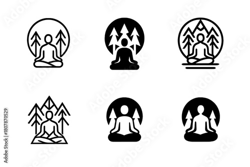 Mindful Nature Logos. Nature walks in unspoiled environments. Icon set. Set Logo of mindfulness: person meditating in a forest. harmonious logo variations of