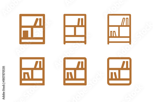 Modern Bookshelf Icons. A modern bookshelf with clean lines and a wood finish. Icon set. Set Logo of A modern bookshelf with clean lines and a wood finish: