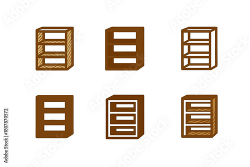 Modern Bookshelf Logos. A modern bookshelf with clean lines and a wood finish. Icon set. Set Logo of A modern bookshelf with clean lines and a wood finish: