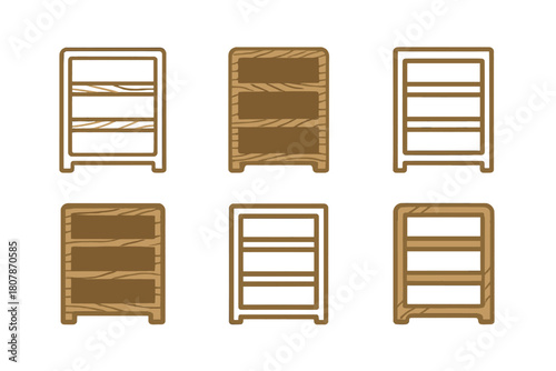 Modern Bookshelf Logos. A modern bookshelf with clean lines and a wood finish. Icon set. Set Logo of A modern bookshelf with clean lines and a wood finish:
