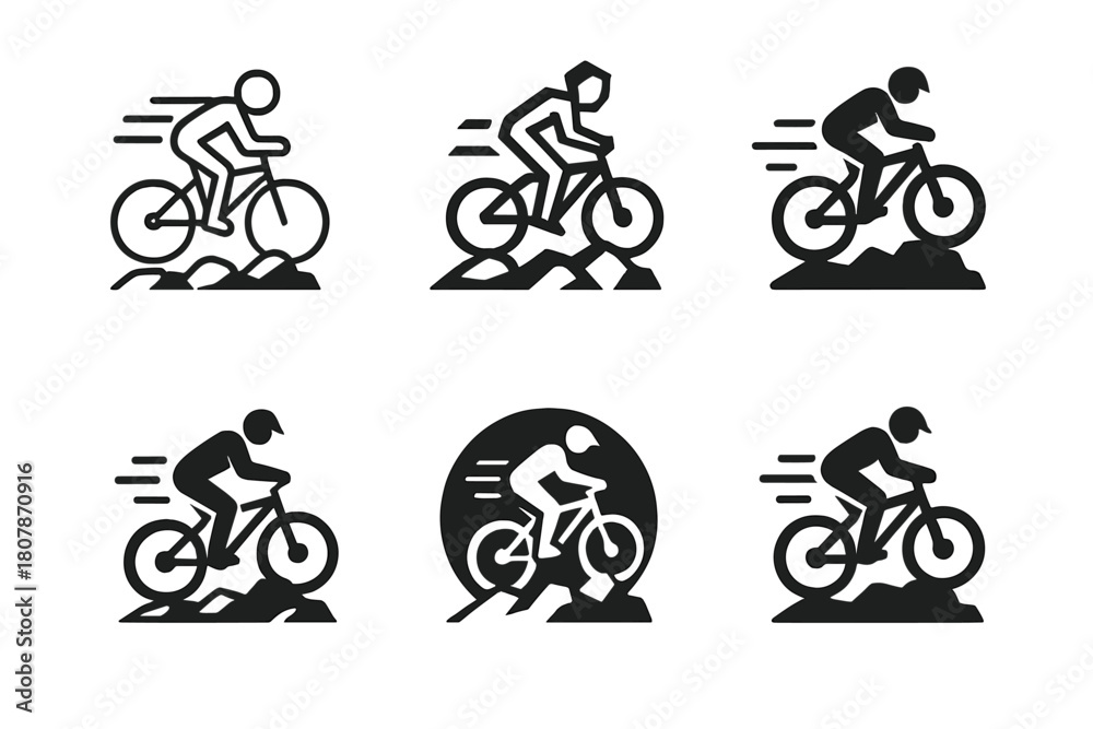 Naklejka premium Mountain Biking Icons. Mountain biking. Line icon set of mountain biking: mountain bike, uphill trail, downhill trail, biker helmet, water bottle, chain,
